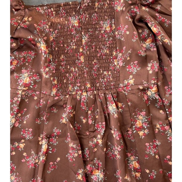 Vici Brown Floral Satin Dress Size M Balloon Sleeve Hippie Boho Glam - Picture 6 of 7